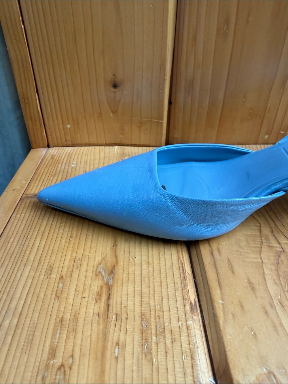 Size 8.5 / 9 Zara Light Blue Leather Pointed-Toe Kitten-Heel Slingback Mules - Picture 11 of 15